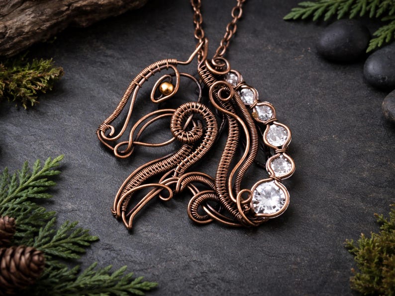 WireArtTutorials Tutoriel d'enroulement de fil de fer pour pendentif cheval, motif de sertissage de cristal, fabrication de bijoux DIY, emballage, tissage, tutoriel d'art sur cuivre image 2