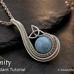 May include: A silver-toned wire-wrapped pendant with a light blue gemstone bead. The pendant is suspended from a delicate chain. The word "Trinity" and "Pendant Tutorial" are written in white text on the bottom left.