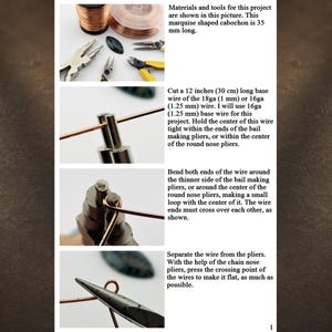 K&ouml;nnte beinhalten: Eine Schmuckanleitung mit Kupferdraht, einem 35 mm gro&szlig;en Markisen-Cabochon und Zangen. Der Text erkl&auml;rt, wie man einen 30 cm langen Basisdraht zuschneidet, ihn um eine Kautions- oder Rundzange biegt, um eine Schlaufe zu bilden und den Kreuzungspunkt flach dr&uuml;ckt.