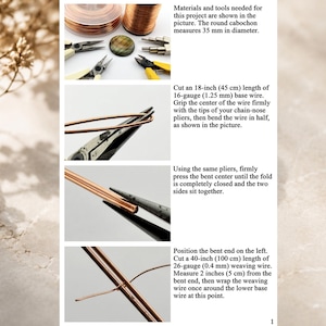 May include: A tutorial image showing copper wire jewellery making steps. It includes spools of copper wire, pliers, and a 35 mm round cabochon. Text instructions detail cutting 45 cm of 1.25 mm base wire, bending it, and wrapping with 100 cm of 0.4 mm wire.