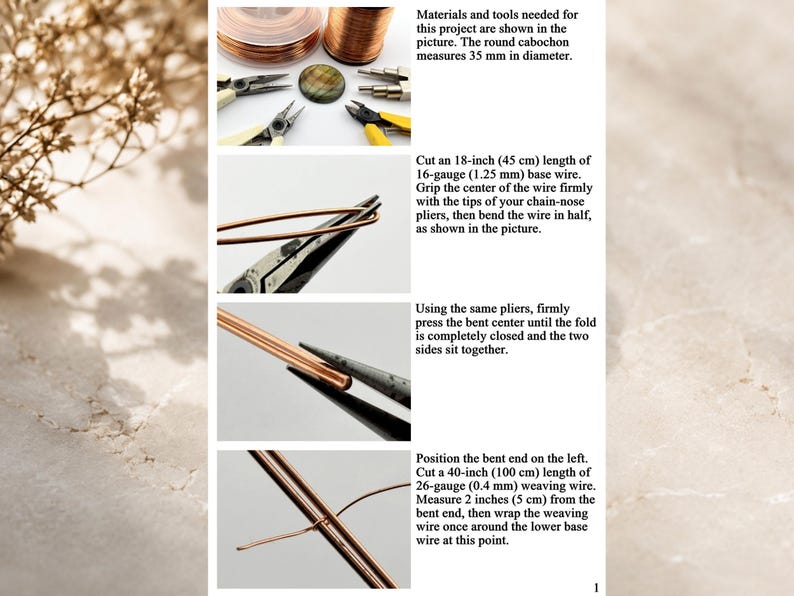May include: A tutorial image showing copper wire jewellery making steps. It includes spools of copper wire, pliers, and a 35 mm round cabochon. Text instructions detail cutting 45 cm of 1.25 mm base wire, bending it, and wrapping with 100 cm of 0.4 mm wire.