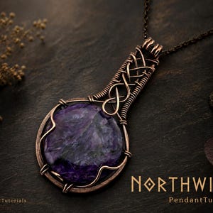 May include: A round purple charoite gemstone pendant encased in intricate copper wire wrapping with a decorative woven bail, suspended from a dark metal chain. The text NORTHWIND PendantTutorial and WireArtTutorials is visible in the image.