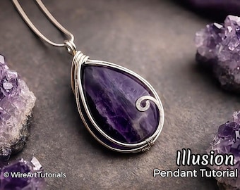 Tutorial de colgante con ilusión de alambre envuelto, joyería con engaste de cabujón, lección de artesanía, joyería artística, regalo DIY, patrón de tejido de alambre
