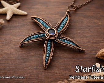 Wire wrap tutorial Starfish pendant, wire wrapping pattern by WireArtTutorials, crystal DIY jewelry making, step by step pattern