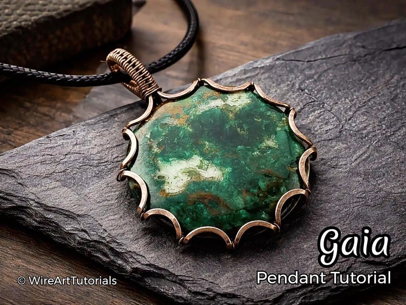 WireArtTutorials Gaia pendant, wire wrap tutorial, cabochon setting pattern, DIY jewelry making, weaving, beading, step by step art image 1