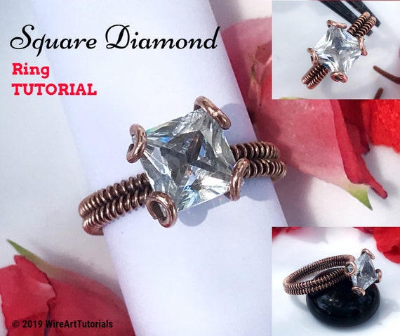 TUTORIAL "Square Diamond" ring PDF pattern,wire wrap weave jewelry,wrapping weaving,wrapped woven, calibrated stone design, jewelry making