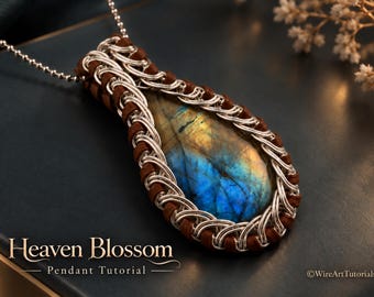 Heaven Blossom pendant, wire wrap tutorial, cabochon setting pattern, DIY jewelry making, weaving, step by step art jewellery