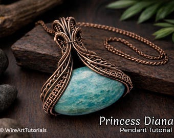 WireArtTutorials Prinses Diana cabochonhanger tutorial, draadwikkelpatroon, DIY sieraden maken, weven, inpakken, kunst, ambacht, koper