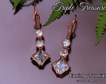 TUTORIAL Triple Treasure Earrings wire wrapped jewelry making PDF pattern, DIY jewellery, wire art tutorials design, how to, instruction