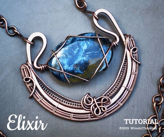 TUTORIAL "Elixir" art deco pendant PDF pattern book,wire wrap weave jewelry,copper,cabochon,wrapping weaving,wrapped woven, pendant design