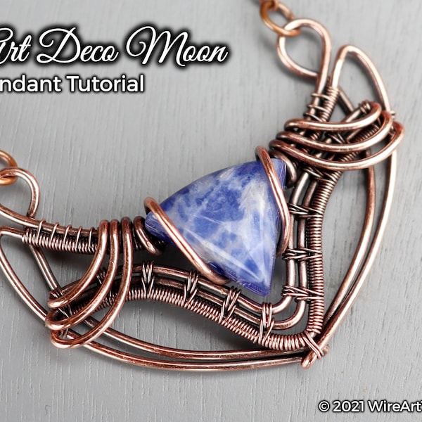 TUTORIAL Art Deco Moon pendant PDF pattern,wire wrap weave jewelry,cabochon stone setting,DIY jewelry making, copper necklace, pattern,class