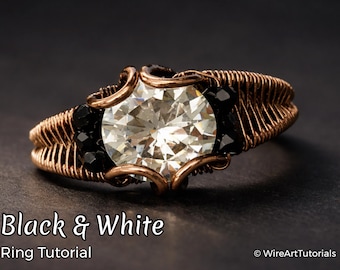 Tutorial de enrolamento de arame, tutorial de trançado de arame, padrão da WireArtTutorials: Anel Preto e Branco, confecção de joias DIY, tutorial de tecelagem de arame