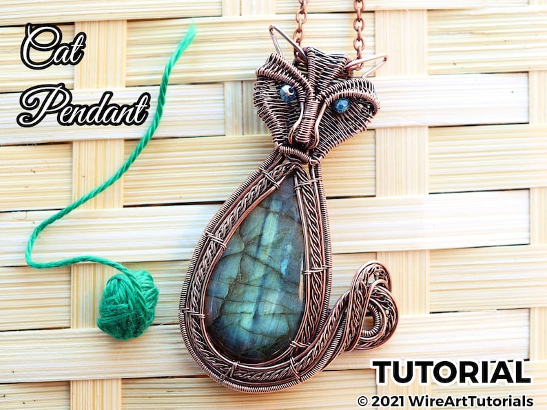 Wire wrap tutorial,wire wrapping pattern WireArtTutorials Cat pendant,DIY lesson,jewelry making,wire weaving,wire art tutorials, cabochon image 1