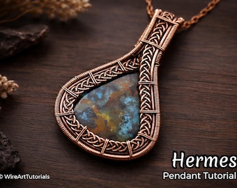 Tutorial de envoltura de alambre para colgante de Hermes, lección de tejido de alambre, guía para hacer joyas, collar de cabujón paso a paso, joyería DIY