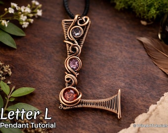 Tutorial de arte em arame para pingente com a letra L, padrão de tecelagem, joias DIY, confecção de joias com cristais, tecelagem, tutoriais de arte em arame