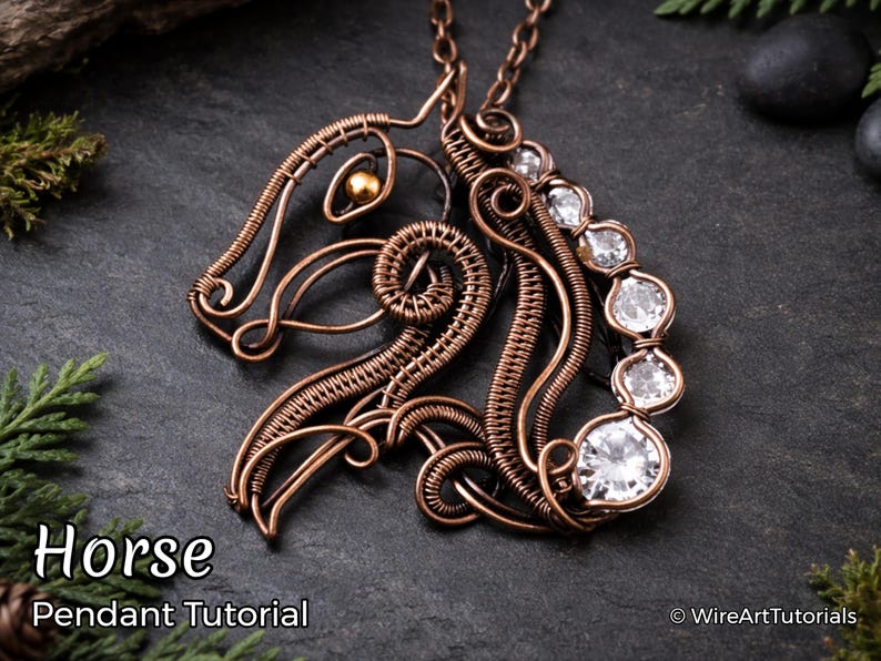 WireArtTutorials Tutoriel d'enroulement de fil de fer pour pendentif cheval, motif de sertissage de cristal, fabrication de bijoux DIY, emballage, tissage, tutoriel d'art sur cuivre image 1