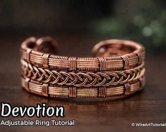 TUTORIAL Patrón PDF de anillo ajustable Devotion, joyería tejida con alambre envuelto unisex, patrón de trenzado de alambre, fabricación de joyas DIY, artesanía de pasatiempo