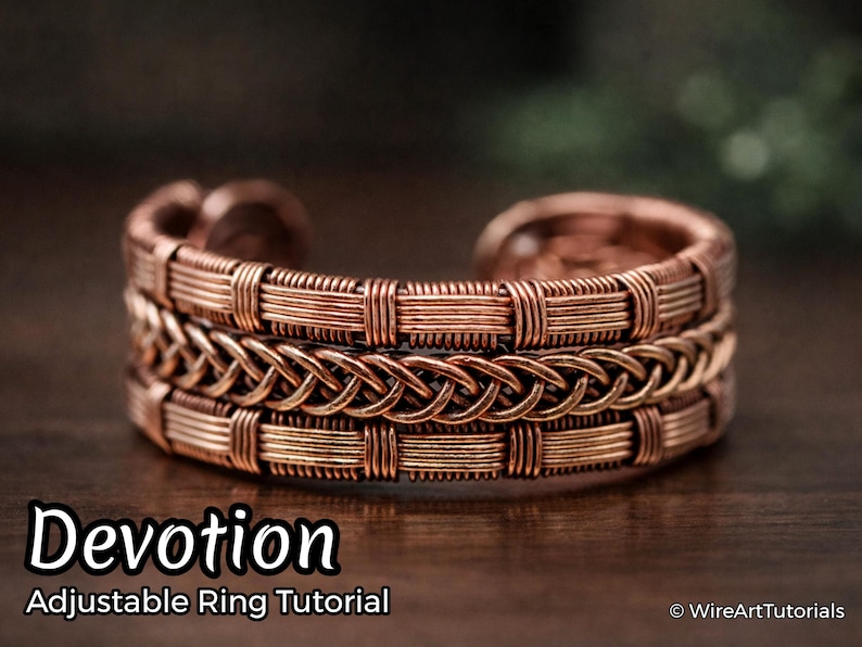 TUTORIAL Devotion Adjustable Ring PDF pattern, unisex wire wrapped woven jewelry, wire braiding pattern, DIY jewellery making, hobby craft image 1