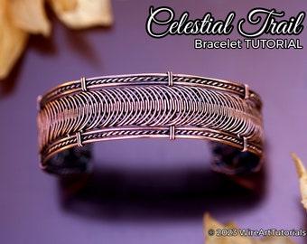 WireArtTutorials Celestial Trail bracelet wire wrap tutorial, beading patter, DIY jewelry making, weaving, copper art tutorial, weaving