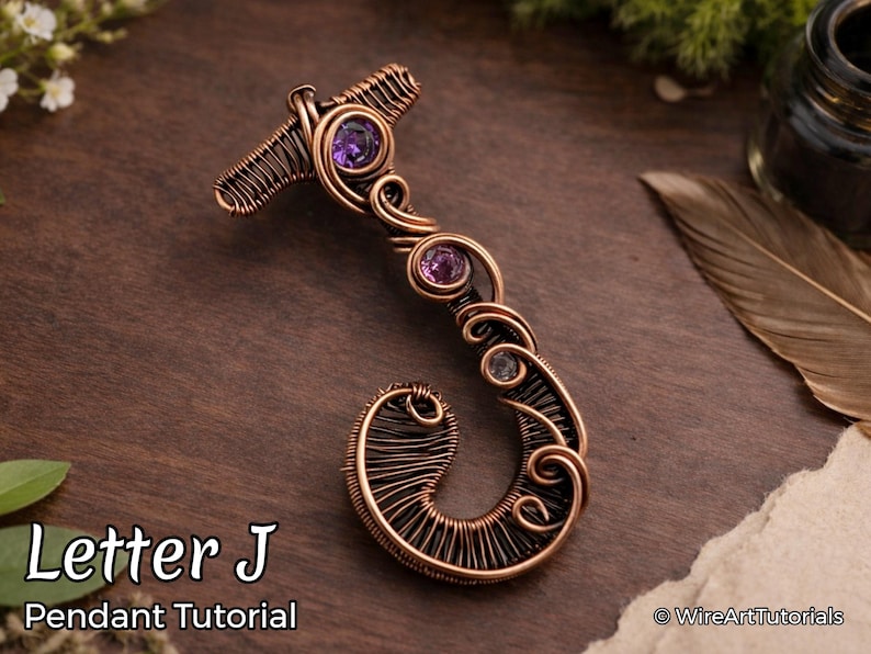 WireArtTutorials Tutoriel d'enroulement de pendentif lettre J, modèle de tissage, bijoux à faire soi-même, fabrication de bijoux en cristal, tissage, tutoriels d'art sur fil image 1