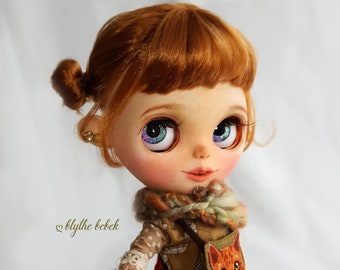 SOLD OUT---OOAK Custom Blythe Art Doll “Hazel” with ginger bob cut short hair and open mouth, little teeth~ by @Blythebebek