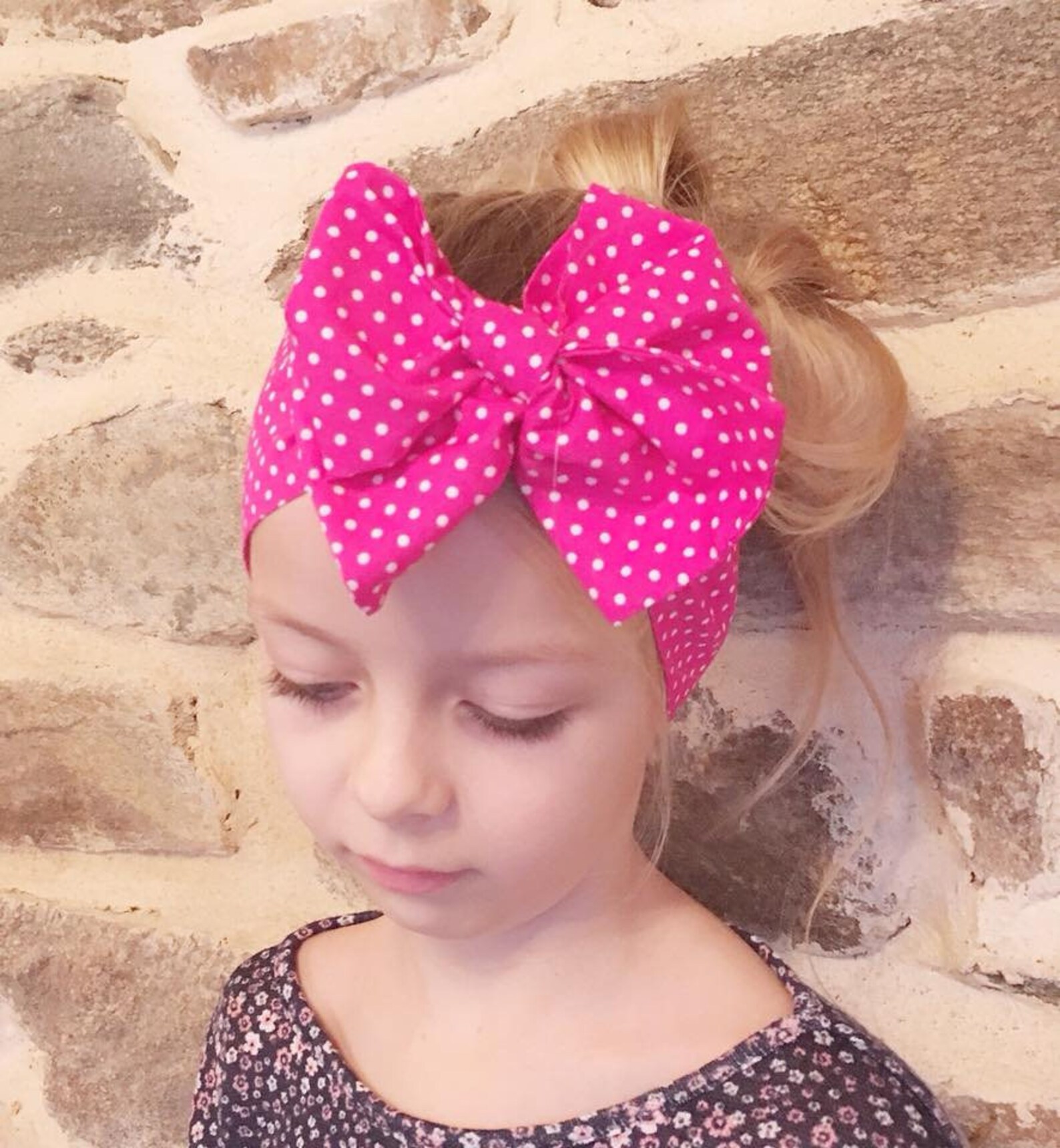Bright pink headwrap polka dot big bow headband one size Etsy