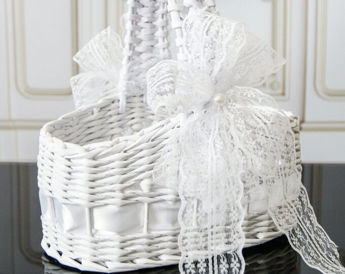 White Wedding Flower Girl Basket Vintage Wedding Basket Rustic Etsy