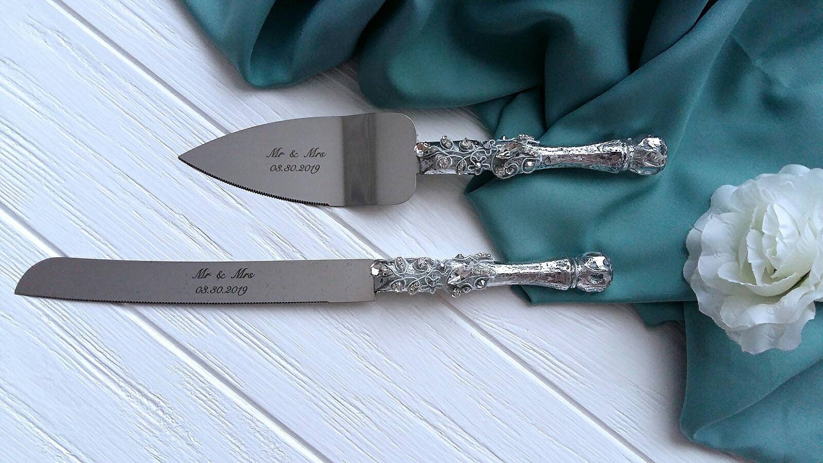 Silver Lace Wedding Cake Cutting Set Crystal Wedding Knife and Etsy