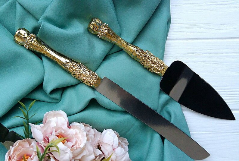 Gold Wedding Cake Knife Set Engraved Cake Serving Set Wedding Etsy