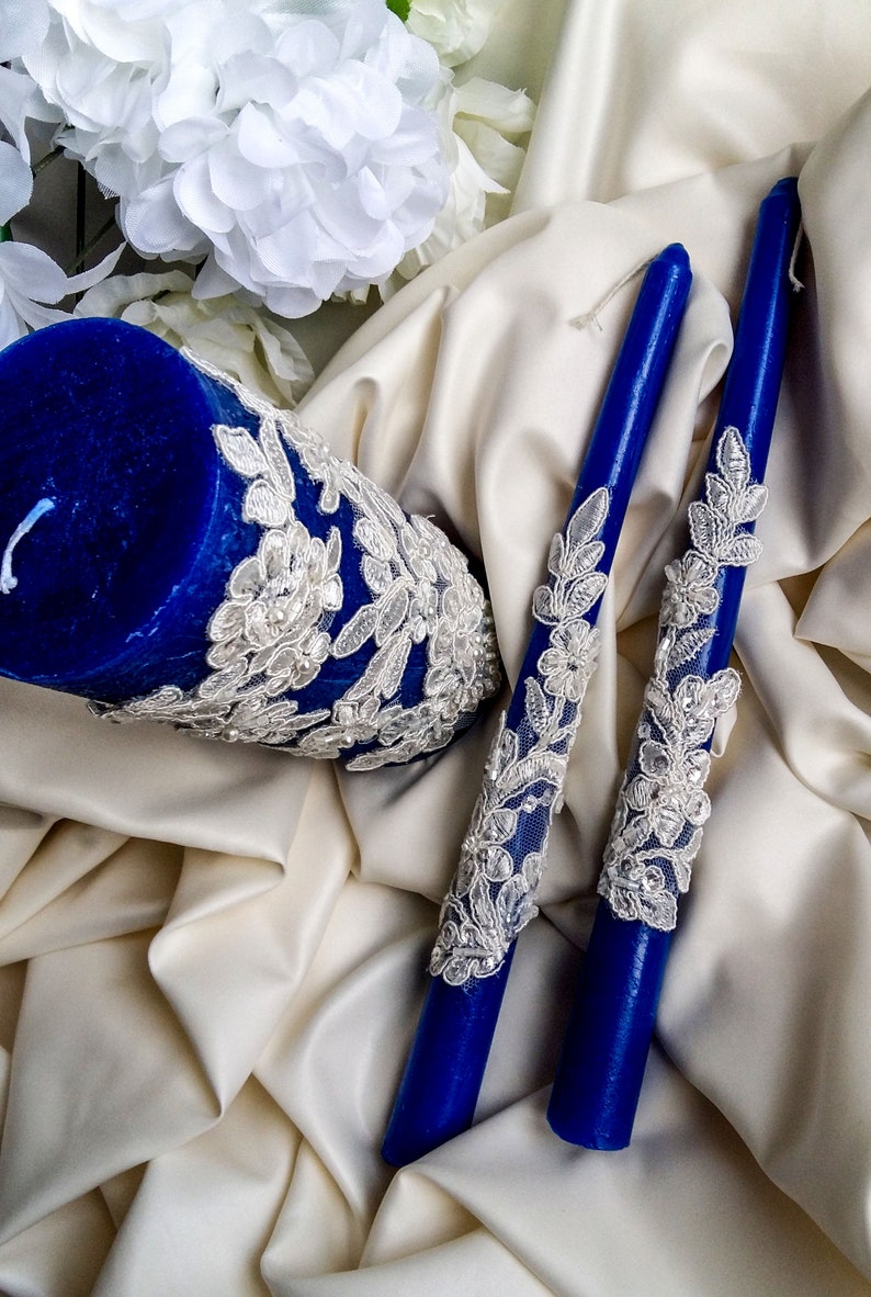 Navy blue unity candle set Lace wedding candle set Vintage Etsy