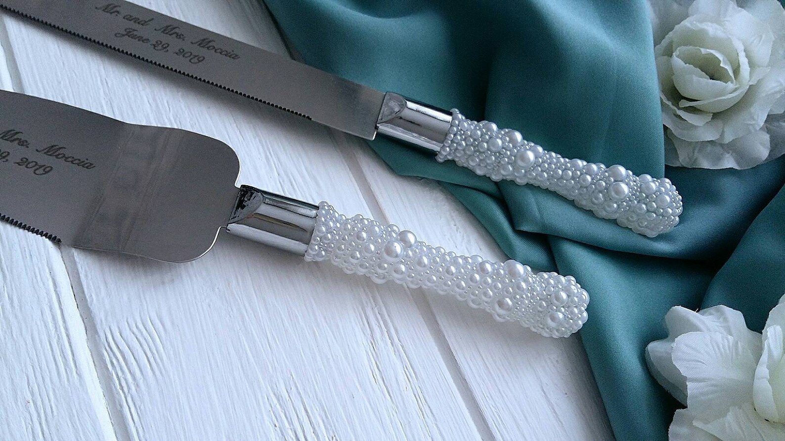 Pearl Cake Cutter Set for Wedding Engraved Cake Servers White Etsy