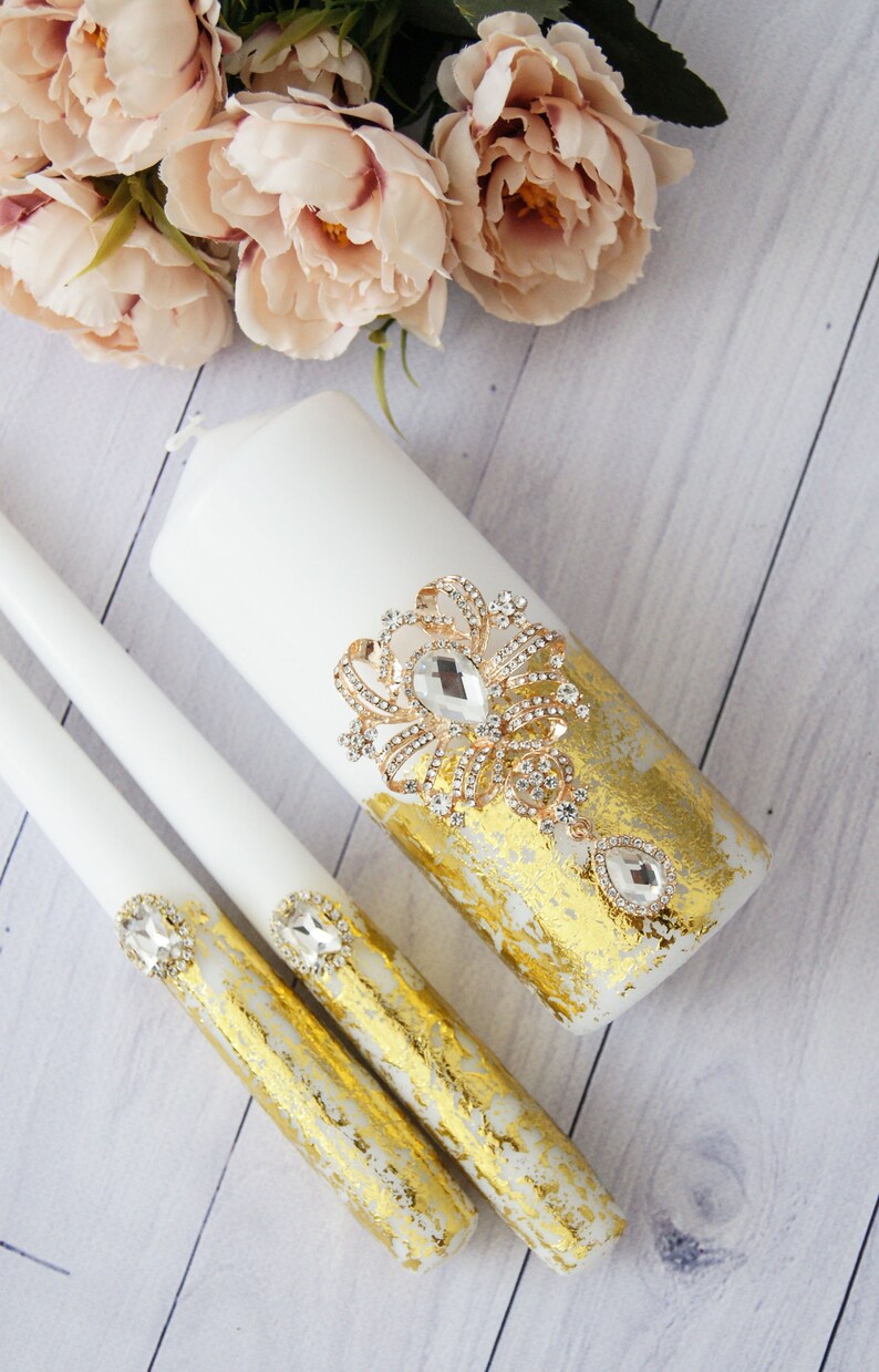 Gold Wedding Unity Candle Set Bling Wedding Candles Ceremony Etsy