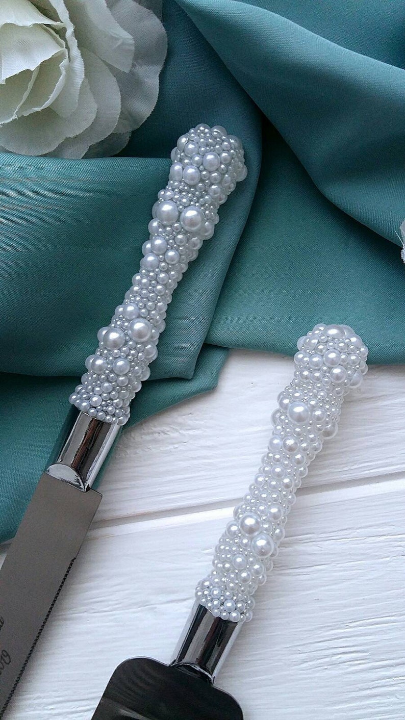 Pearl Cake Cutter Set for Wedding Engraved Cake Servers White Etsy
