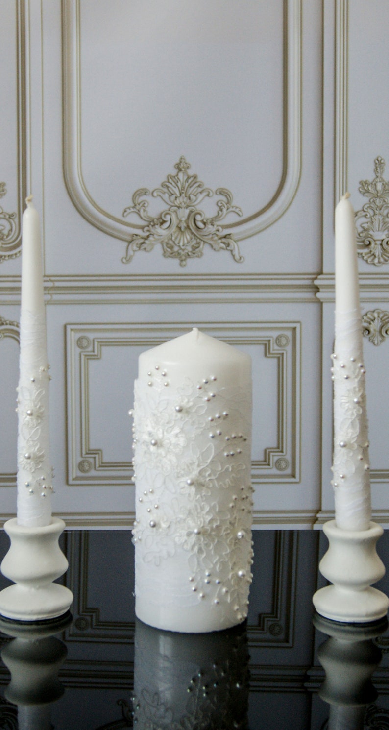 Lace Unity Candle Set For Wedding Pearl Decorations Candle Etsy