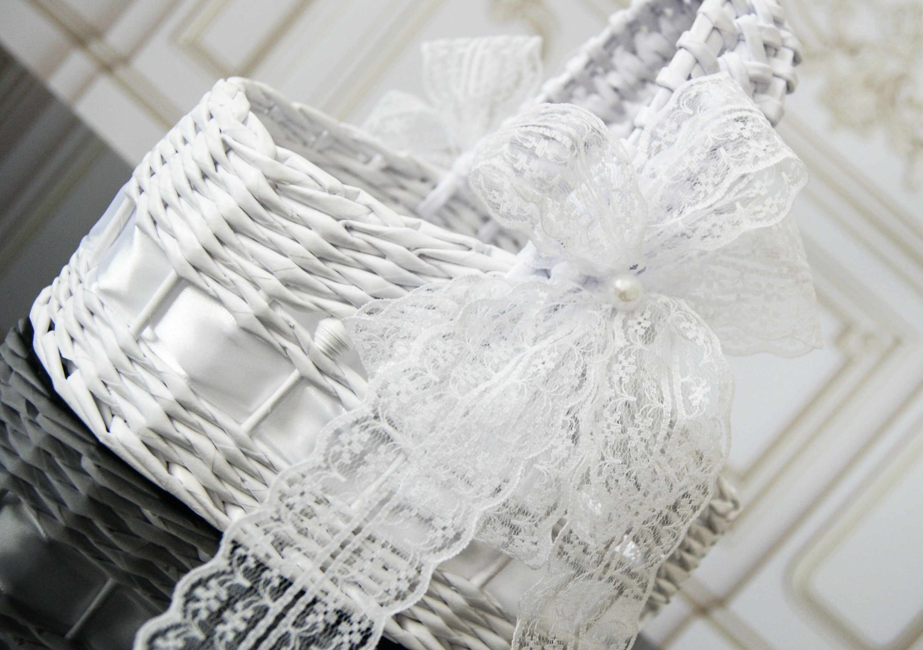 White Wedding Flower Girl Basket Vintage Wedding Basket Rustic Etsy