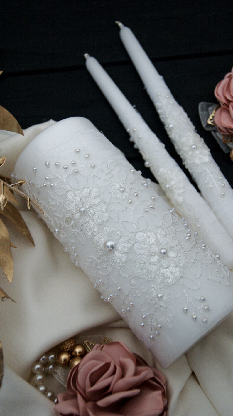 Lace Unity Candle Pearl Wedding Unity Candle Set Candle Etsy