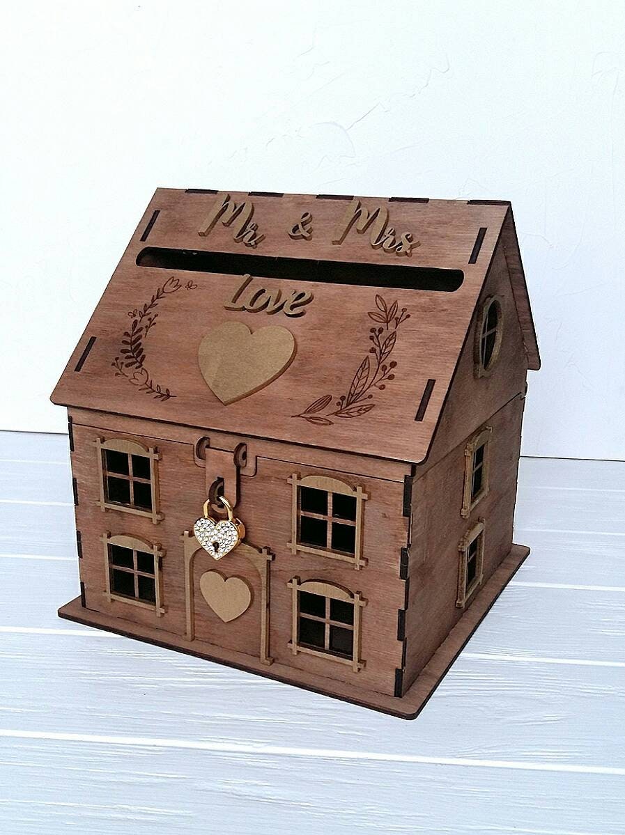 Wood wedding house card box with lock Etsy