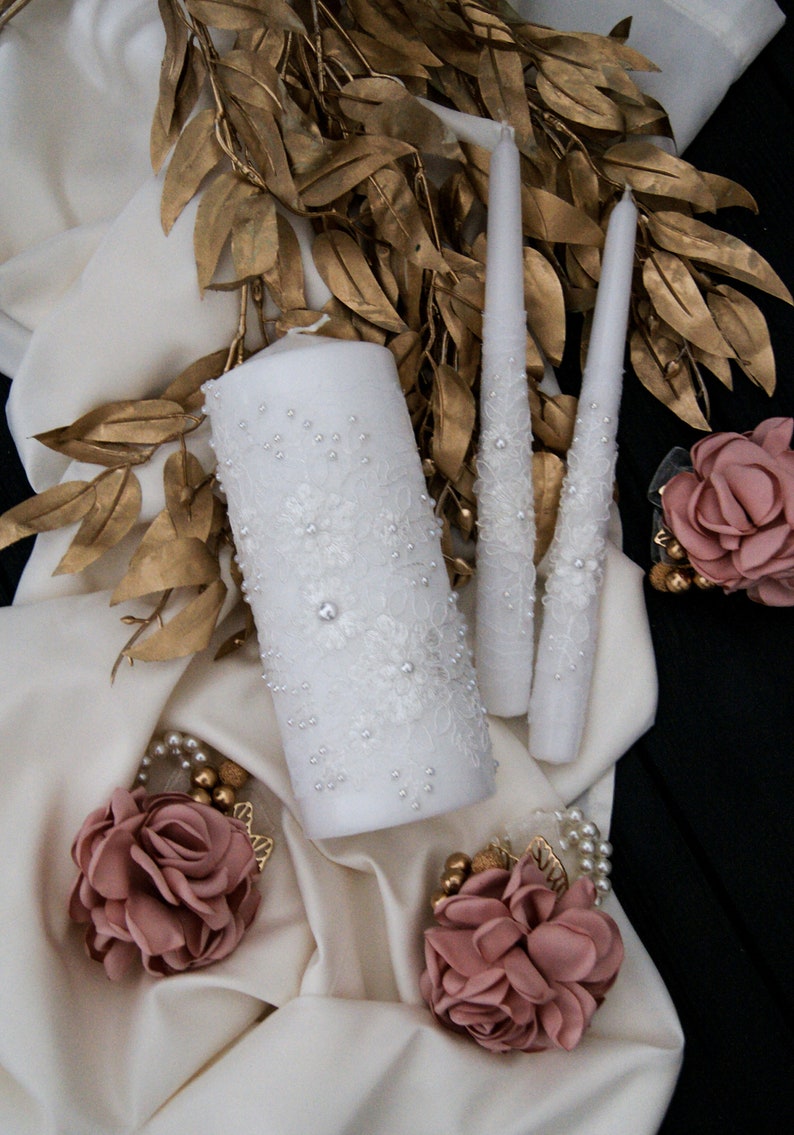 Lace Unity Candle Pearl Wedding Unity Candle Set Candle Etsy