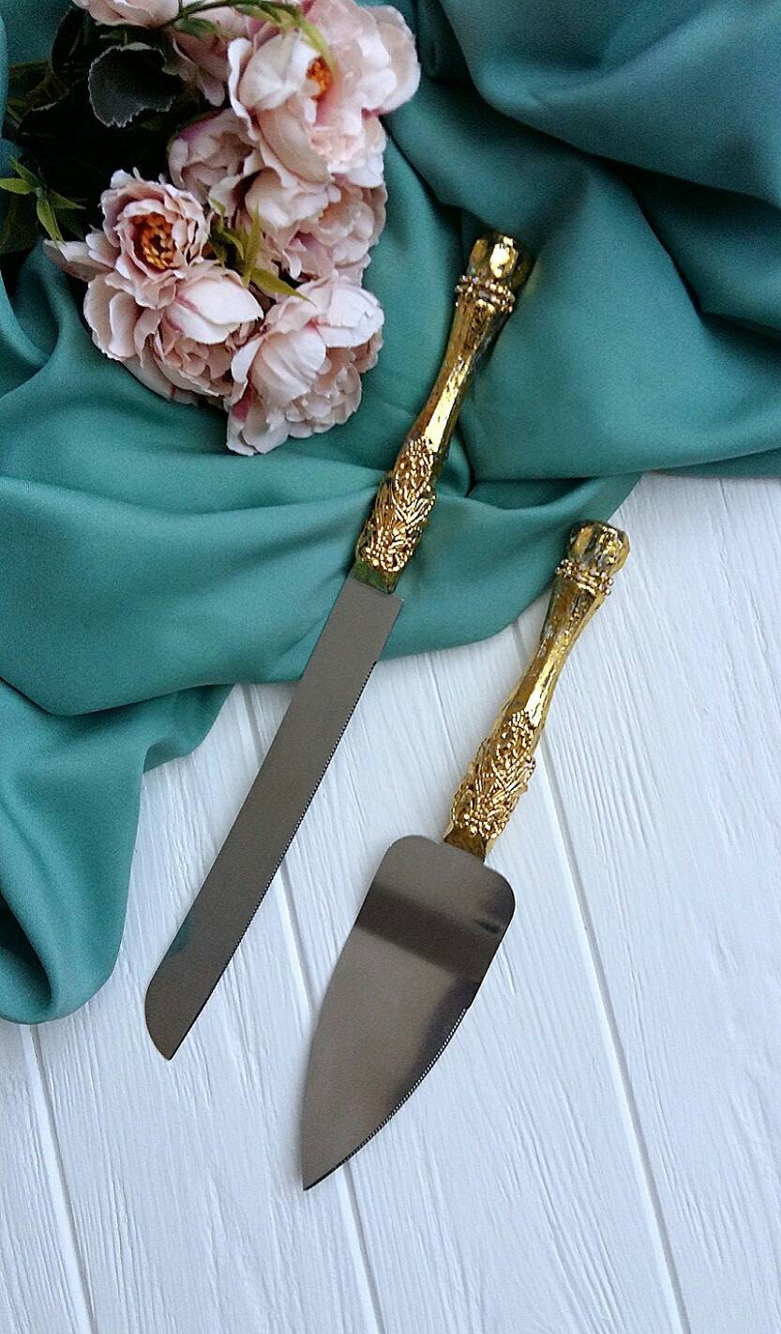 Gold Wedding Cake Knife Set Engraved Cake Serving Set Wedding Etsy