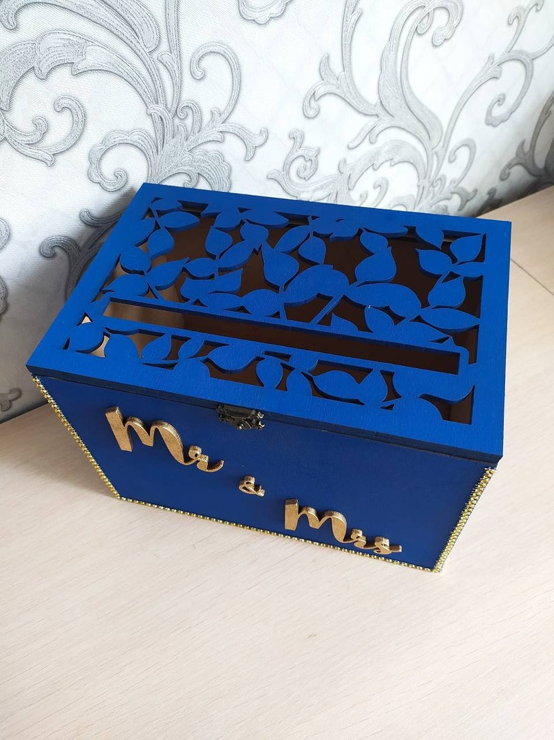 Navy Blue Wedding Card Box Mr & Mrs Wood Wedding Gift Card Etsy