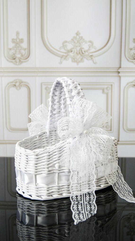 White Wedding Flower Girl Basket Vintage Wedding Basket Rustic Etsy