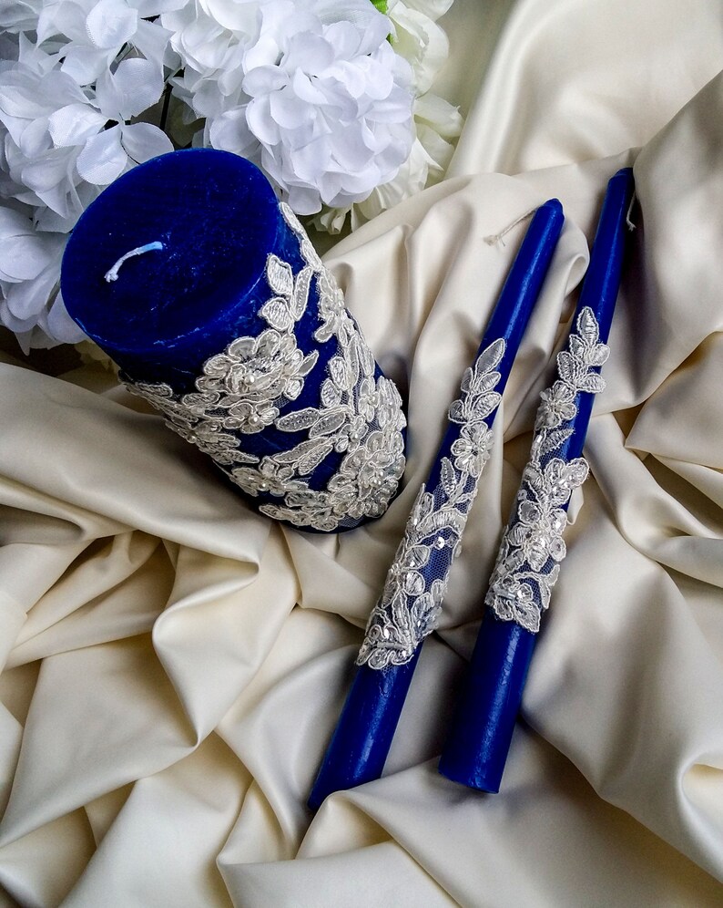 Navy blue unity candle set Lace wedding candle set Vintage Etsy