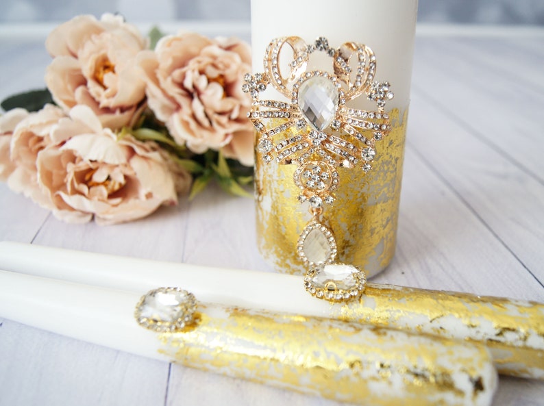 Gold Wedding Unity Candle Set Bling Wedding Candles Ceremony Etsy