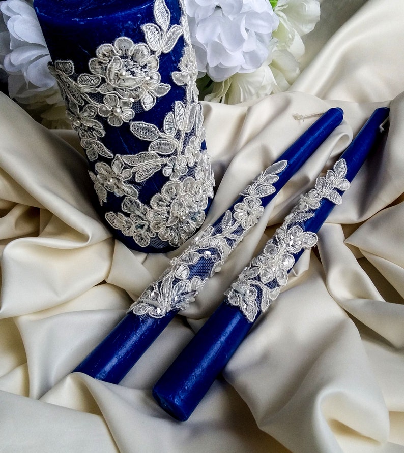 Navy blue unity candle set Lace wedding candle set Vintage