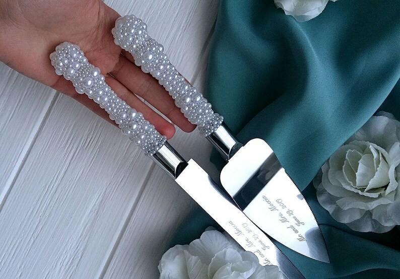 Pearl Cake Cutter Set for Wedding Engraved Cake Servers