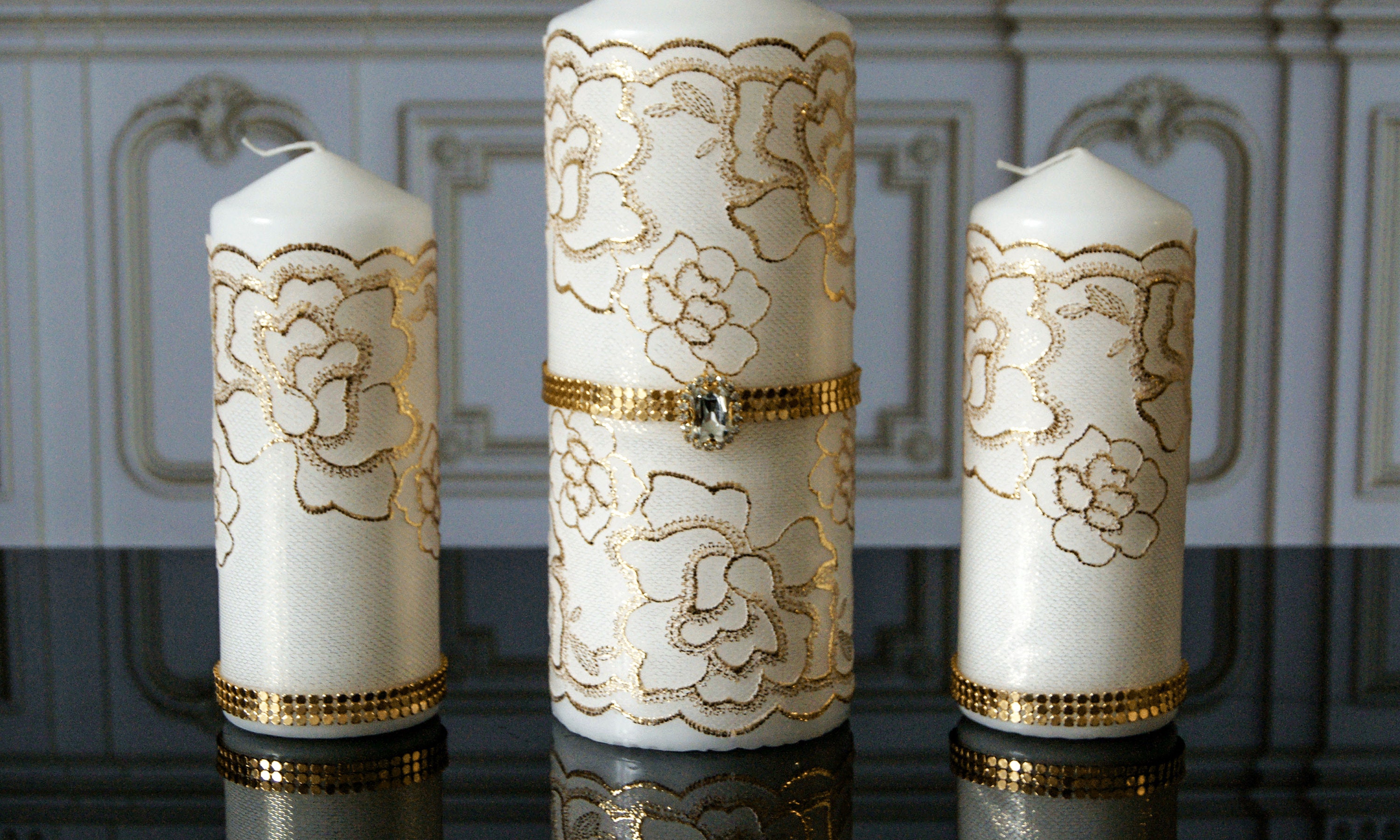 Gold Unity Candle Set Lace Unity Candle Wedding Unity Ceremony Etsy