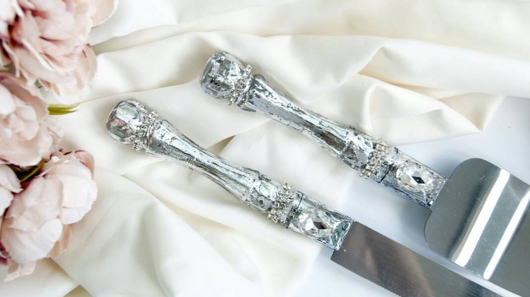 Silver Cake Cutting Set Crystal Wedding Cake Server and Knife Etsy