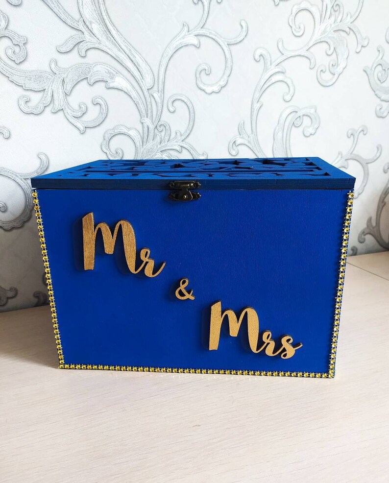 Navy Blue Wedding Card Box Mr & Mrs Wood Wedding Gift Card Etsy