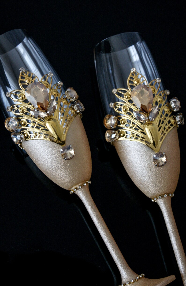 Ivory Wedding Flutes With Crystals Gold Wedding Toasting Etsy