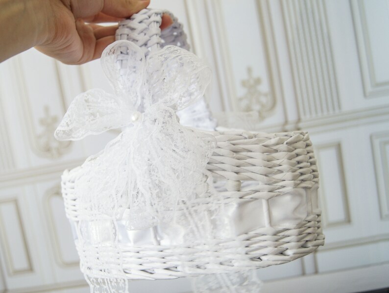 White Wedding Flower Girl Basket Vintage Wedding Basket Rustic Etsy